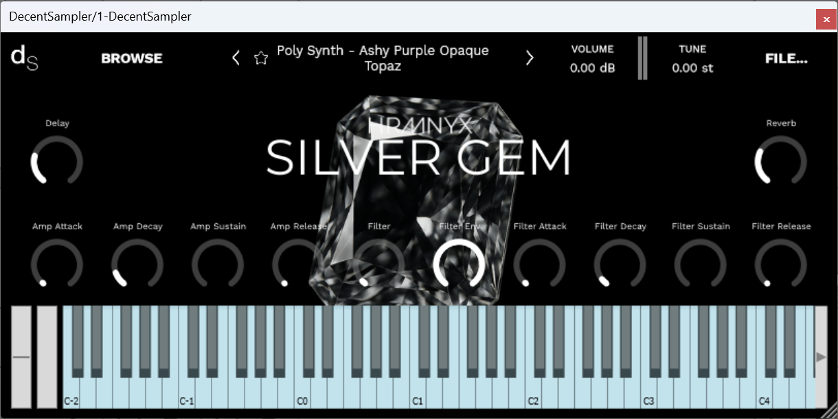 A screenshot of the Silver Gem Sample Library instrument interface in Decent Sampler.
